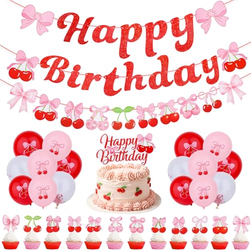 Kit anniversaire cerise avec guirlande Happy Birthday et 32 décors