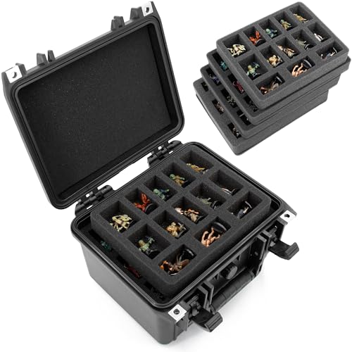 CASEMATIX Miniature Carrying Case for 43+ Miniatures - Hard Shell Miniature Storage Case with 3 Pre-Cut Foam Trays & 1 Customizable Tray Compatible with Warhammer 40k, DnD & More!, Black