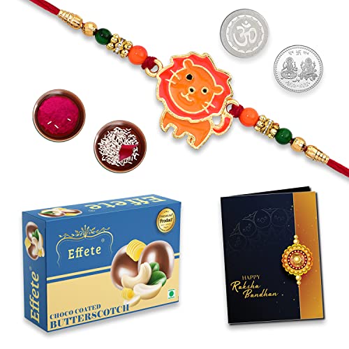 Image of DeoDap (K1 302 BS32) Multicolor Lion Rakhi Combo with Effete Chocolate Butter Scotch 32gm, Silver Color Pooja Coin, Roli Chawal & Greeting Card, Occasion, Rakhi for brother with gift, chocolate gift pack, rakhi with Chocolate Gift Hemper, Bracelets for men, Set of 1 Rakhi