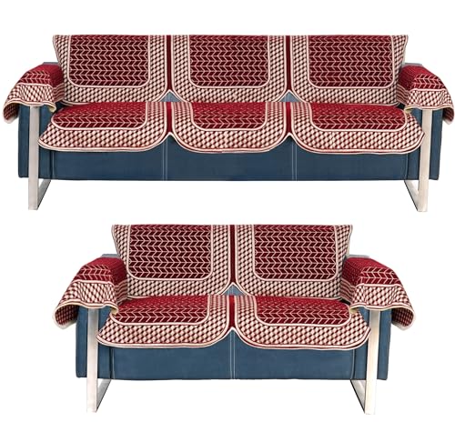 Image of Premium Chenille Woven Anti-Slip 3 Seater + 2 Seater Sofa Cover with Arm Rest | L-Shape Sofa Seat Protector for Living Room | Durable & Stylish Slipcover - Maroon - 3D