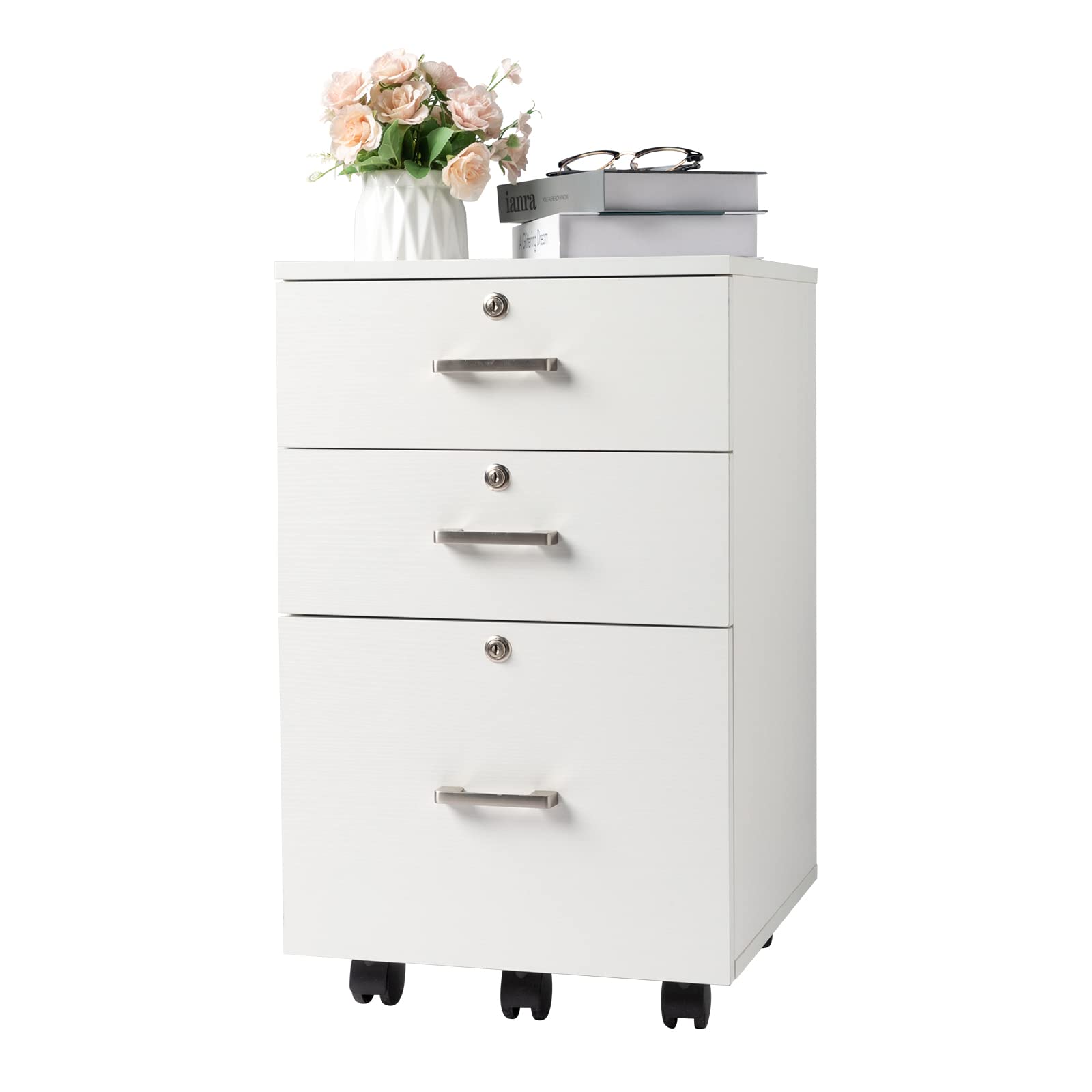 Bonnlo 26" H 3 Drawer File Cabinet with Lock, Rolling File Cabinet Under Desk, Mobile File Cabinets for Home Office, Wood White File Cabinet Printer
