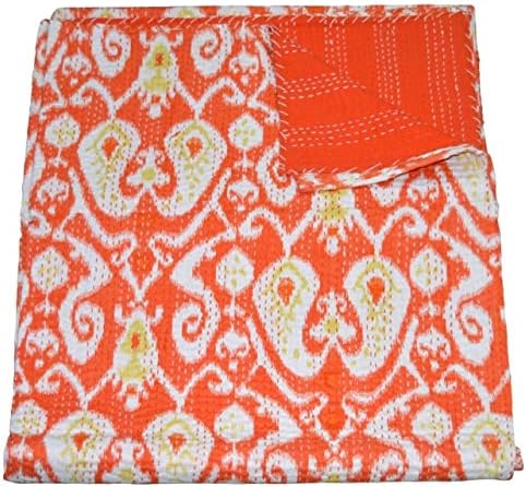 YUVANCRAFTS Indian Paisley Screen Print Kantha Quilt Pure Cotton Traditional Print Queen Quilt Orange Blanket Bedspreads Throw