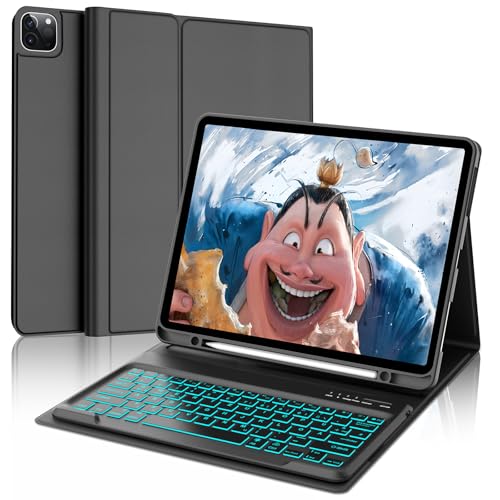 FOGARI Custodia con tastiera per iPad Pro 12.9 (6/5/4/3 Gen), 7 colori di illuminazione, QWERTZ, tastiera magnetica rimovibile Bluetooth per iPad da 12,9 pollici, nero