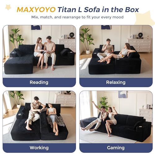 Image of MAXYOYO 104 inch Modular Sectional Couch with L-Shape Chaise, Modern Boneless Couch for Living Room, Sofa in A Box, Oversized Sofa with Deep Seat, No Assembly Required, Black