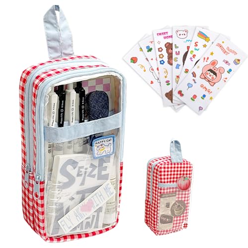 Image of Cute Pen case Adorable Bunny Transparent 3-Layer Large Capacity Pencil Case Gadget organizer with Lovely Stickers (Red Plaid)