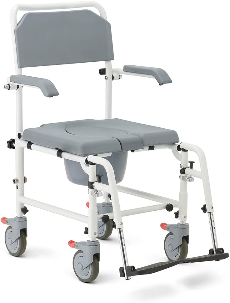 Medline Aluminum Shower Commode Transport Chair, 275 lbs. Capacity — ForSeniors & Injured in Restroom, Bathroom or As Toilet, 1 Ct.