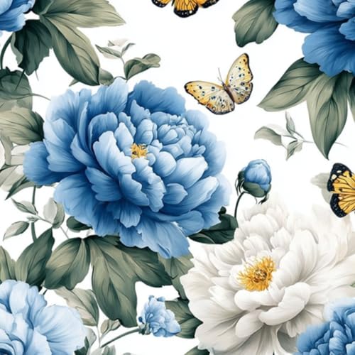壁紙 60cm x 300cm 剥がせる 青と白の牡丹の花と蝶、緑の葉 多機能 防水/汚れ防止/防油 食器棚 クロ 玄関 ふすま紙 家具 部屋 DIY 賃貸OK