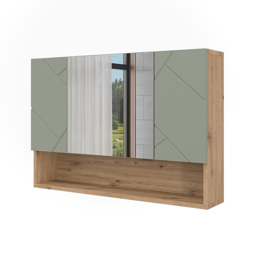 Vicco Armario con Espejo para baño Irma, Verde Salvia, 80.1 x 55 cm, con Espejo y estantes Abiertos para Montaje en Pared
