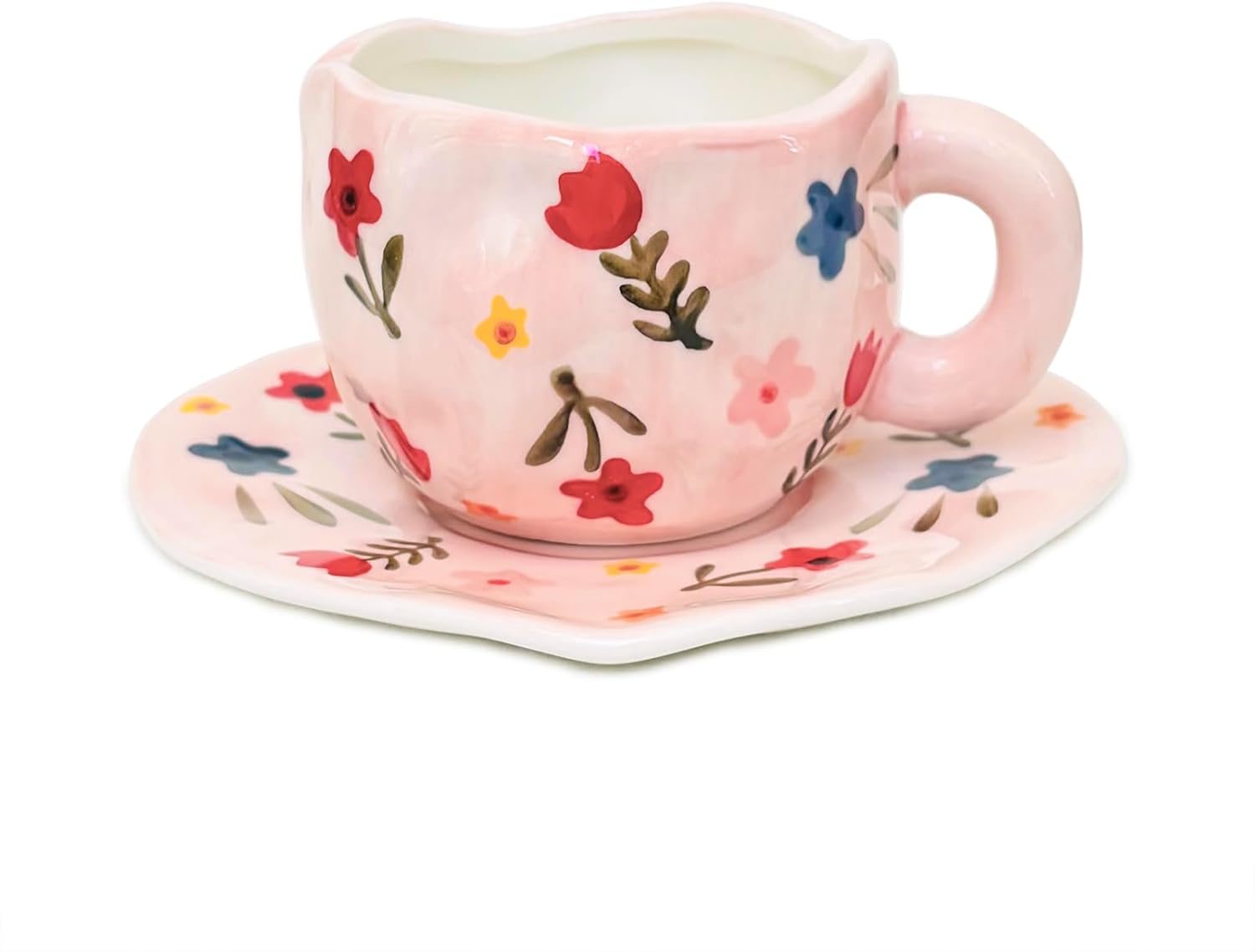 Noviko Flower Coffee Mug Pink Fancy Cup with Saucer Set for Women 10 oz
