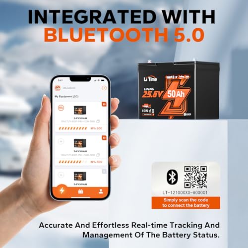 Image of LiTime 24V 50Ah Bluetooth LiFePO4 Lithium Battery, Low-Temp Cutoff Protection, 4000+ Deep Cycle, Built-in 50A BMS, Group 24, Perfect for Trolling Motors, Yacht, Boat, RVs
