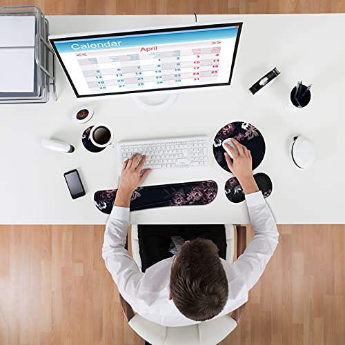 Dikoer Ergonomic Keyboard Rests Pad With Gel Memory Foam Wrist Support Pad And Round Mousepad + Coasters, Easy Typing & Pain Relief Wrist Rest Pad Set For Laptop Office Gaming Home, Peony Flower #TOP5