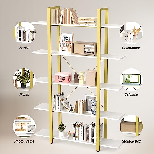 Lazeyard 5-Tier Bookshelf,70" Modern Wood Metal Bookshelf,Wide Open Bookshelf Etagere Bookcase,Large Tall Bookshelf For Bedroom,Living Room,Office,5 Shelf Display And Storage Shelves,White And Gold #TOP5