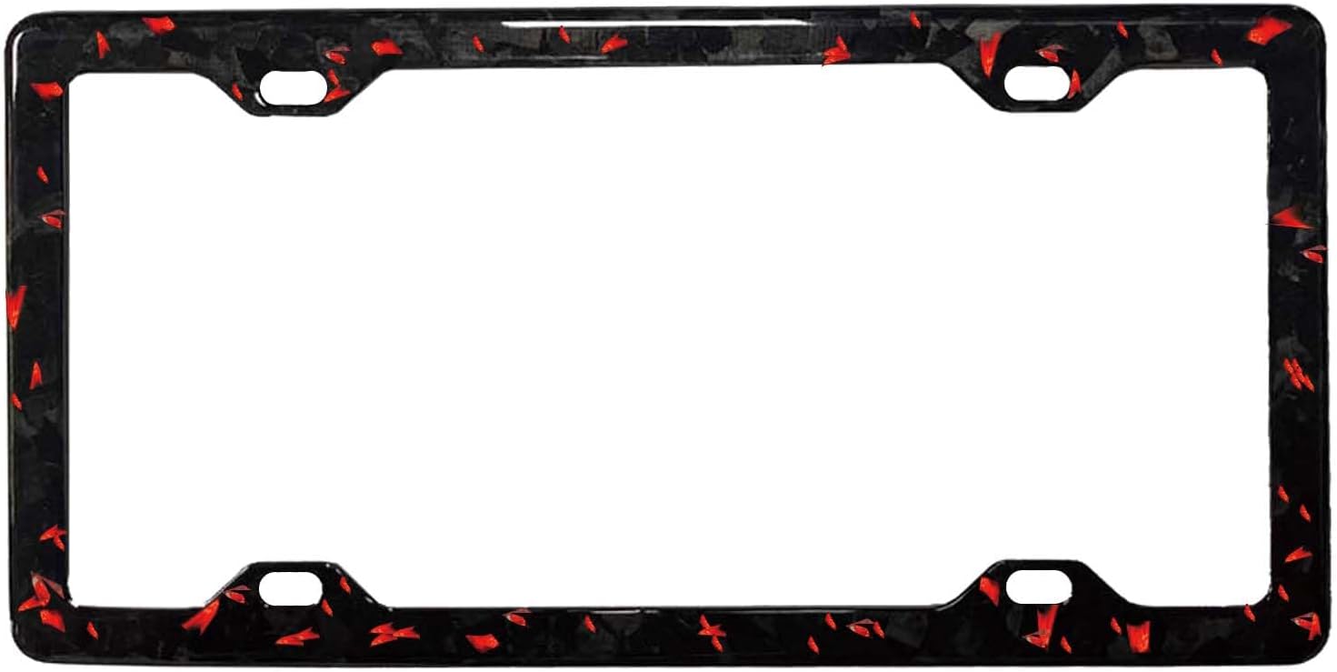 100% Genuine Forged Carbon Fiber Car License Plate Frame with Slim 4 Holes Design & Black Screw Caps with Unti-Theft Security Accesories, Universal Fit, Standard Tag Holder (Forged-RED)