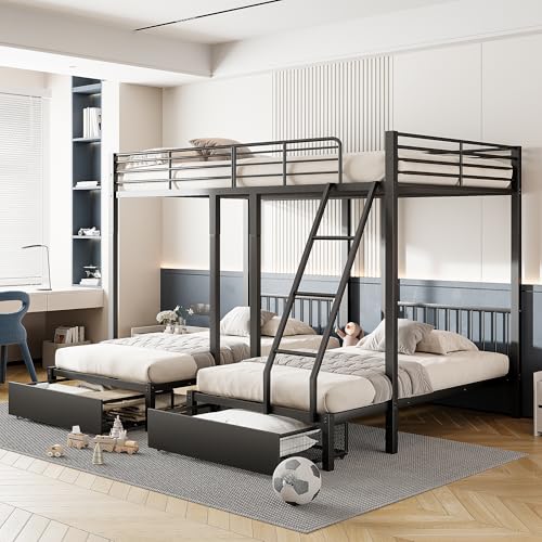 Litera Triple 140x200 con 90x200 Negro Habitación Juvenil con Cajones Inferiores y Estructura Separable Estable de Hierro Robusto para Adolescentes y Jóvenes Adultos Que Buscan Calidad