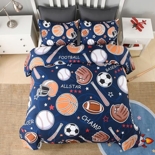 Image of Andency Soccer Basketball Baseball Football Comforter Set Twin(66 inchx90 inch), Sport Polyester Bedding Set for Boys Girls Kids Teens, Cartoon Ball Games Comforter 2 Pieces(1 Comforter, 1 Pillowcase)