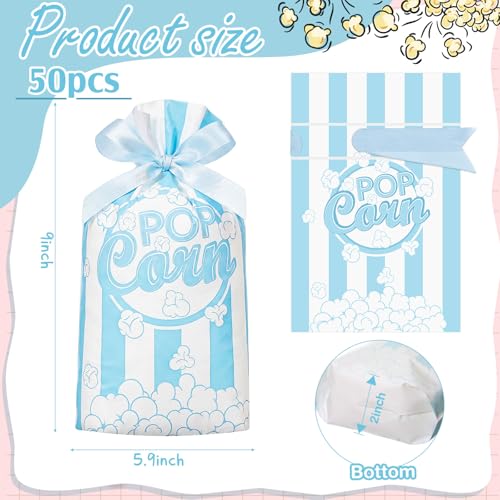 Image of 50 Pcs Popcorn Plastic Bags Circus Carnival Party Goodie Bags Bulk Movie Night Popcorn Container for Carnival Movie Night Theater Halloween Party Supplies (Blue)