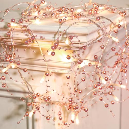Mudder 30 LEDs Christmas Fairy Lights with Mistletoe Decoration Berry Beaded Garland for Christmas Home Indoor Decor (Rose Gold)