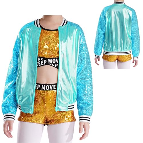 Loyan Kids Girls Sequin Bomber Jacket Zipper Coat Hip-hop Jazz Street Dance Tops Long Sleeve Dancewear
