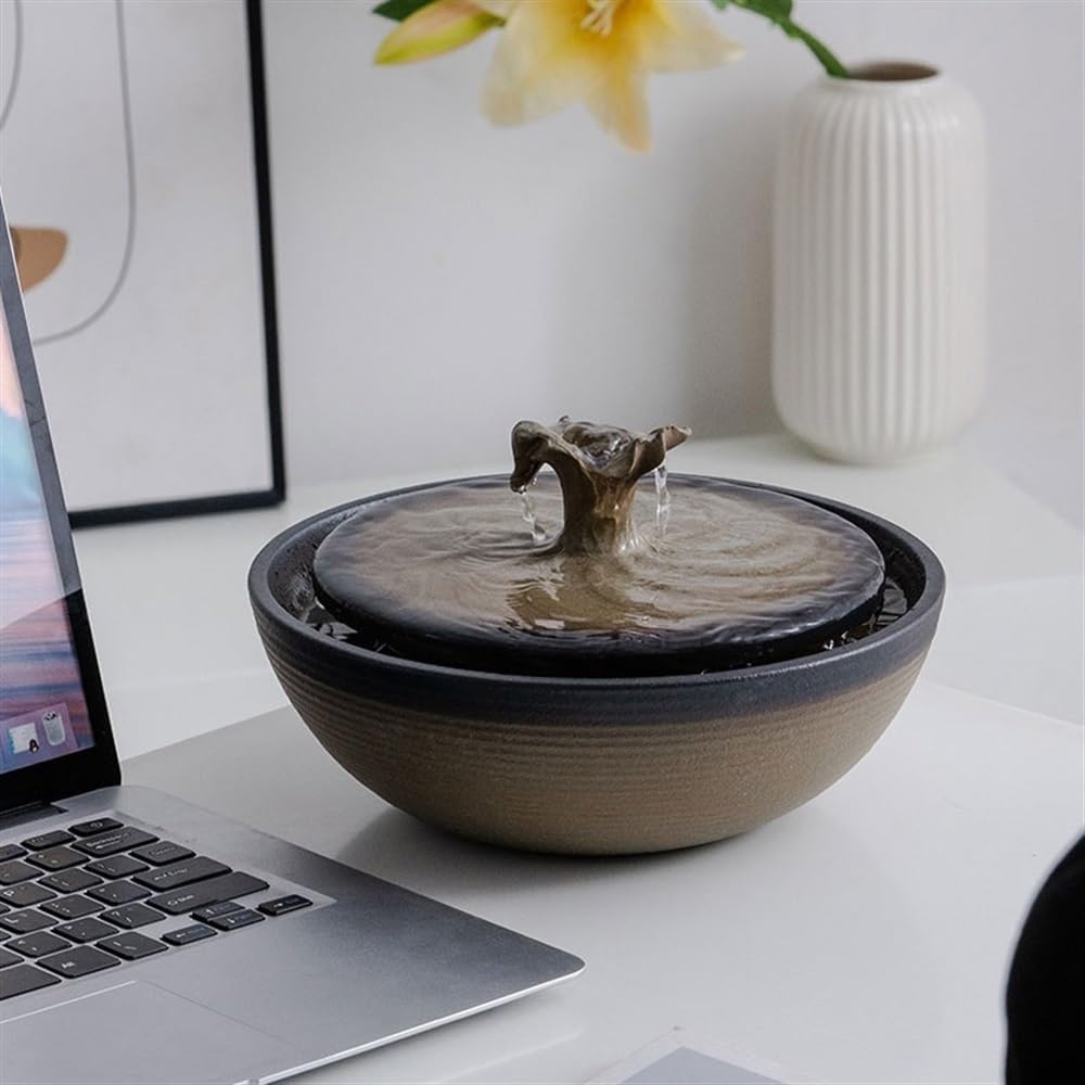 Tabletop Fountain Desktop Ceramic Running Water Ornaments Circulating Water Fountain Humidifier Birth Wealth Inviting Wealth Feng Shui Wheel Indoor Waterfall(Brown)