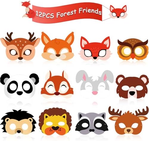 12 peças de máscaras de animais para crianças, amigos da floresta...