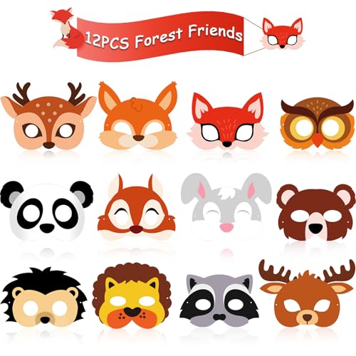 Blulu 12 Piece Kids Animal Masks Forest Friends Animals Cartoon Masks Jungle Woodland Animals Theme Costume Party for Animal Birthday Party Halloween Masks Dress-Up Party Favors Decoration Supplies