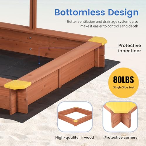 Kids Sandbox with Cover, 47x47 inch Toddler Wodden Sandbox with UV-Resistant Adjustable Canopy for Outdoor, Beach, Patio, Backyard, Garden - Thumbnail 7