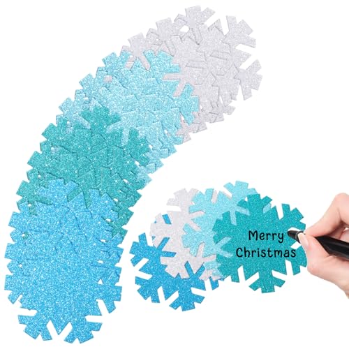 Humyoun 96 Pcs Winter Snowflake Cutouts Glitter Paper Decorations Blue and Silver Double-Side Snowflake Cut Outs for Winter Holiday Wonderland Bulletin Board