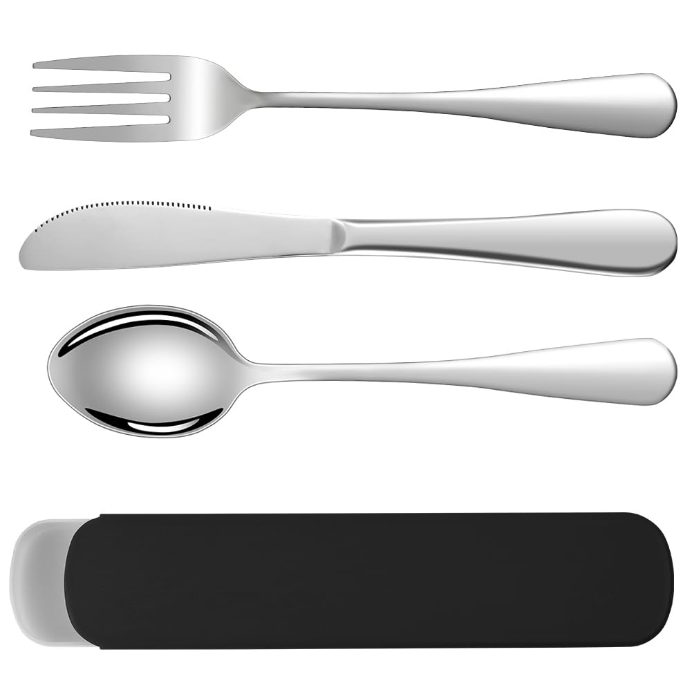 HOTUT 3 Pezzi Posate Da Campeggio Kit con Borsa Portaoggetti, Set di Posate Acciaio Inox, Finitura Lucida Lavabili in Lavastoviglie, Posate Da Viaggio in Argento con Cucchiaio Forchetta Coltello