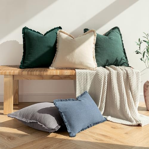 Image of MIULEE Decorative Throw Pillow Covers Neutral Linen Fringe Throw Pillows Set of 2 Beige Boho Farmhouse Cushion Covers with Tassels for Couch Sofa Bed Living Room Spring Home Decor 16x16 Inch