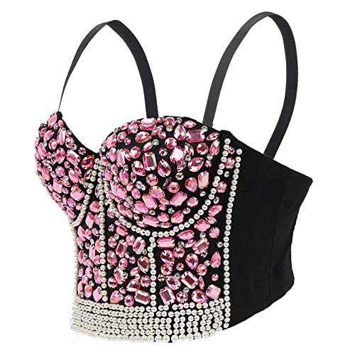 Women's Rhinestone Bead Bustier Crop Top Club Party Glitter Corset Top Bra Vest (M, Red) #TOP1