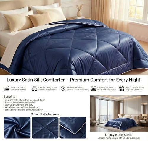 Image of SANMARINO 280 GSM Satin Silk AC Comforter for Single Bed (60 x 90 inches /152 x 228 cm), All Season Solid Reversible Blanket | Ultra Soft Lightweight Breathable Quilt, Glossy Finish - Royal Navy Blue