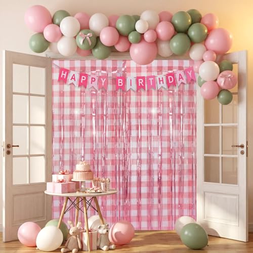 Image of WovWeave 2 Pcs Pink Gingham Party Decorations 3.3 x 6.6 ft Pink and White Checkered Foil Fringe Curtains Backdrop Tinsel Streamers for Wedding Birthday Baby Shower Party Decor Supplies