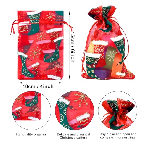 Image of 50PCS Christmas Organza Bags, 4x6 inches Small Christmas Gift Bags with Drawstring, Mesh Bags for Gift