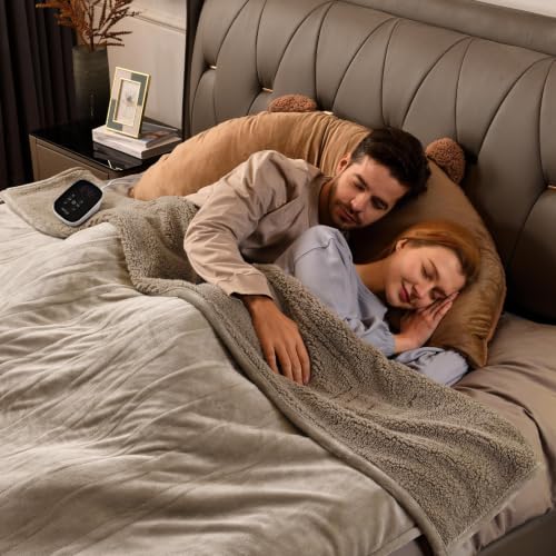 Image of Bearhug Electric Blanket Full Size, 90F-108F Fast Heating Throw with 10 Heat Levels & 1-12H Auto Shut-Off, Machine Washable Soft Velvet and Sherpa Heated Blanket for Bed or Couch, Taupe