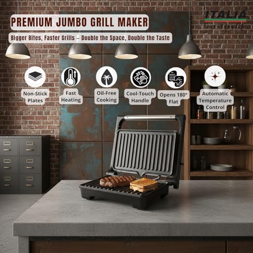 Image of ITALIA 1500W Jumbo Grill Maker | 180 Open Grill, Non-Stick Plates, Fast Heating, Automatic Temperature Control, Cool-Touch Handle, Multi-Purpose Sandwich & BBQ Griller | 1-Year Warranty