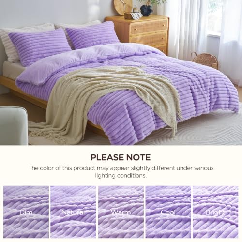 Image of Besfunny Lavender Plush Comforter Cover Full Size ,Fluffy Striped Bedding 2pcs Set(1 Fuzzy Duvet Cover + 1 Fur Pillow Cases ) Faux Fur Luxury Bed Set (Lavender, Twin)