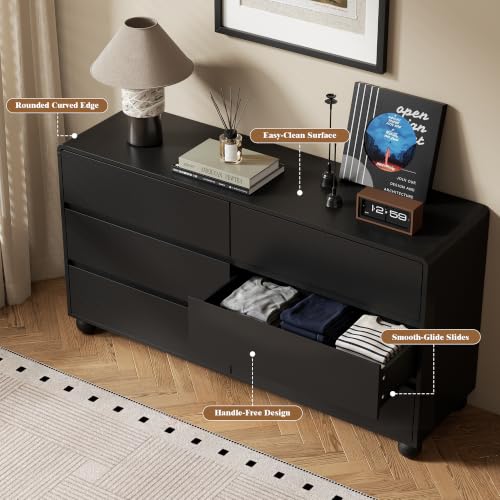 Image of Furniway 3 Piece Bedroom Set, 6 Drawer Dresser and 2 Drawer Nightstand Set of 2 with Round Legs, Modern Wood Chest of Drawers Storage Cabinet for Bedroom, Black