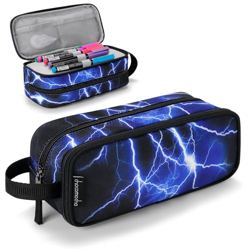 Image of Choco Mocha Boys Pencil Case for Kids, Soft Large Zipper Pencil Pouch for Boys with 2 Compartments Boy Pencil Case for School Lightning Pencil Bag, Blue