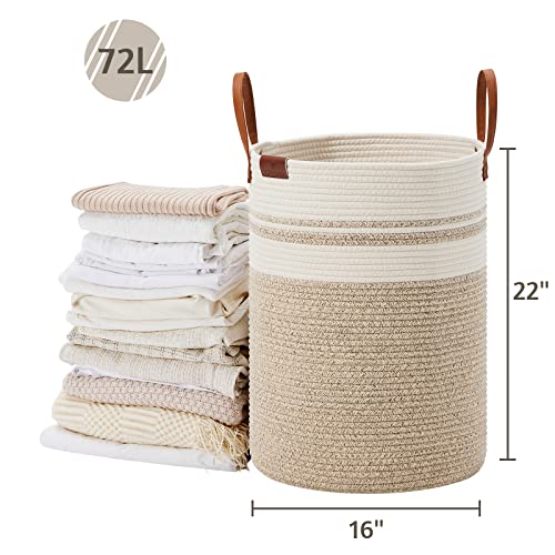 Image of VIPOSCO 72L Tall Woven Rope Laundry Hamper, Leather Handles, Brown & White