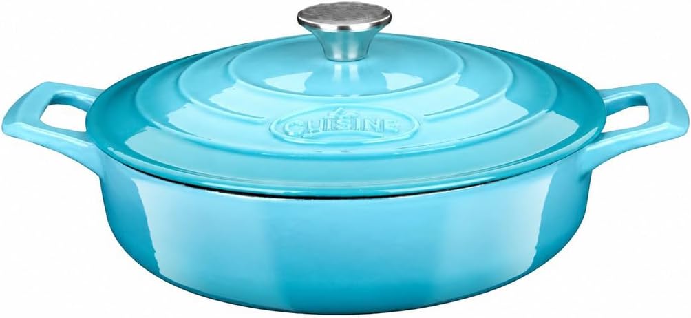 La Cuisine Enameled Cast Iron Braiser Sauté Pan Shallow Dutch Oven with Lid Internal Matt Black Enamel Coating 3.75 QT 11" / 28cm Ø, Oven-Safe 550°F/276°C, For GlassTop, Teal