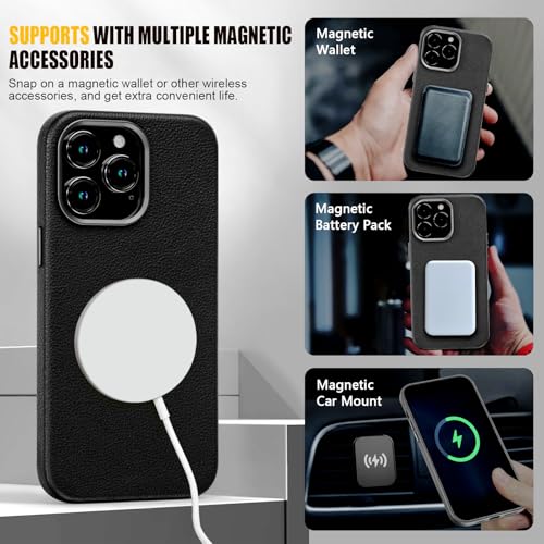 Image of Genuine Leather Case for iPhone 14 Pro Compatible with Magsafe Black | Non-Slip Pebbled Genuine Leather, Slim Fit, Super Magnetic, Compatible with Wireless Charging, Metal Buttons, Camera Bezel