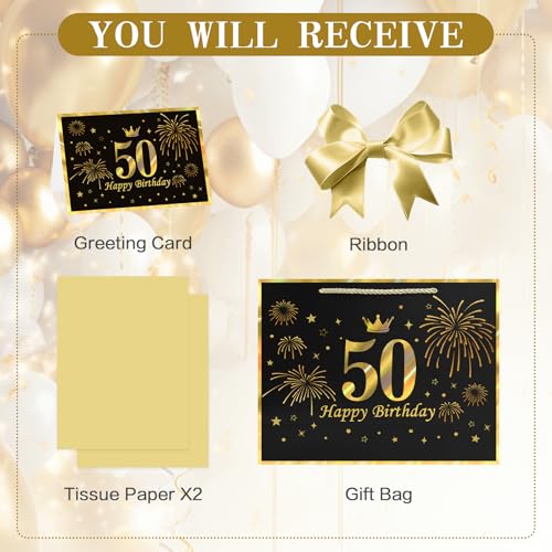 Image of JMANNI Black Gold 50th Birthday Gift Bag with Card and Tissue Paper, 12.6 inchx9.84 inchx3.9 inch Elegant Present Bag for Men Women, 50 Year Old Birthday Keepsake Party Supplies