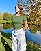 OQQ Womens 2 Piece Shirts Short Sleeve Crew Neck Ruched Stretch Fitted Tee Shirts Crop Tops Pea Green Beige
