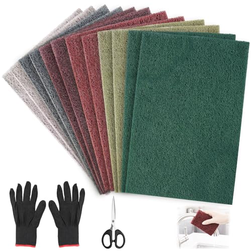 Nadisean 12er Schleifvlies Pads 150x230mm, Schleifvliesmatte 6 Körnung 600/800/1000/1200/1500/3000 mit Schere Handschuhe, Zuschneidbar Schleifvlies-Pads für Metall Holz Edelstahl SchleifenPolieren