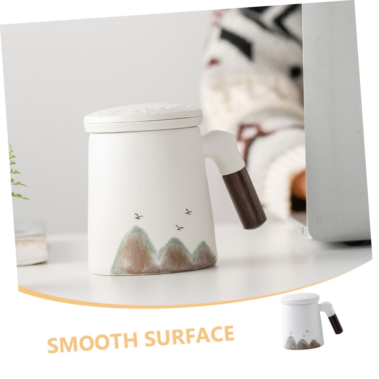 Taza de Cerámica con Tapa E Infusor para Té, Filtro Integrado para Hojas Sueltas, Diseño Blanco Adecuado para Uso en Escritorio