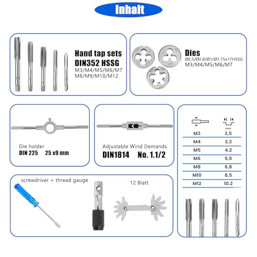 Sexyhot 40 tlg Gewindeschneider Set, Gewindebohrer und chneideisen Bohrer Set Metrische M3-M12, für Schneiden von Innen und Außengewinden