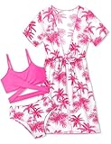 Girls Swimsuit Size 10-12 Girls Bathing Suit 3 Piece Tropical Print Criss Cross Bikini Set with Quick Dry Cover Up Swimsuits for Teens Pink Palm Tree Size 11-12