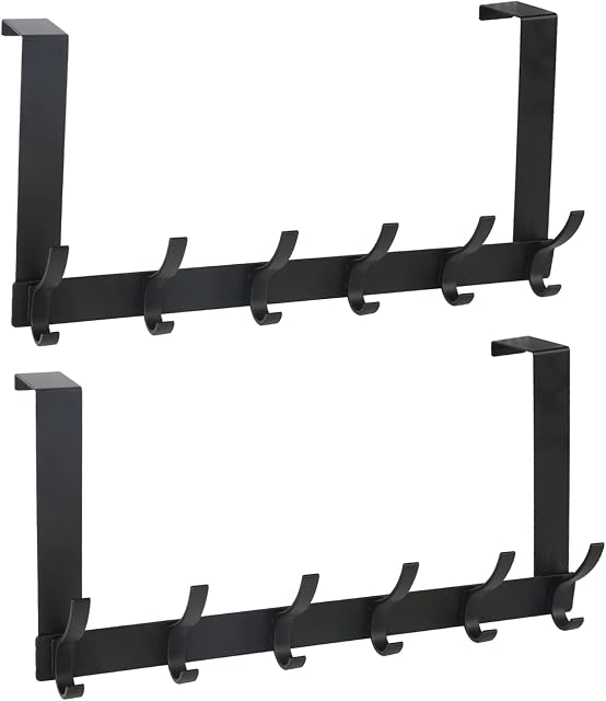 LISSUDA 2 Packs Over Door Hanger Over The Door Hook Hanger with 6 Dual Hooks Towel Door Hanger Heavy-Duty Over Door Coat Rack for Clothes Jackets Bags Hat Dressing Gowns Bedroom Aluminum Alloy Black