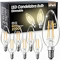 TJOY LED Candelabra Bulbs Dimmable, 60W Equivalent Chandelier Light Bulb, E12 Small Base, 4.5W 2700K Soft Warm White, B11 Vintage Filament Clear Glass Candle Light for Ceiling Fan, Chandeliers, 6Pack