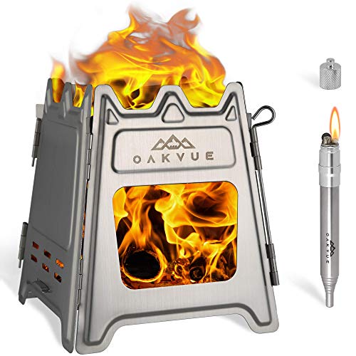 OAKVUE Foldable Camping Stove â€“ Ultralight Backpacking Stove â€“ Stainless Steel Camping Stove â€“ Wood Burner Cooking Stove for Outdoor Activities â€“ Portable Fire Stove â€“ Fire Bellows and Lighter Bonus